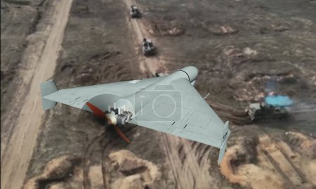 Military attack drone attacks military tanks. Concept: war in Ukraine, UAV aerial attack.