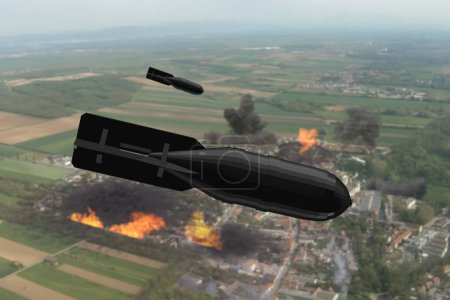 Eine geplante Fliegerbombe mit einem hochexplosiven Sprengkopf fliegt über eine zerstörte und brennende Stadt. Konzept: Luftangriff, Krieg in der Ukraine. 