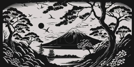 Illustration for VIntage retro engraving style  Japan Asian juji mountain with trees nature wild landscape. Background outdoor adventure vibe. Graphic Art Vector Illustration. - Royalty Free Image