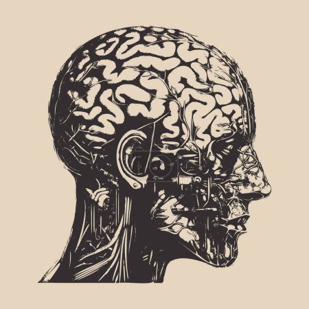Grabado vintage retro ilustración del futuro sistema educativo ai inteligencia artificial cerebro mente humana cabeza cyborg. Cartel estilo graffiti grabado. Arte Gráfico. Vector