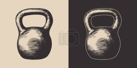 Illustration for Set of vintage retro fit gym weight kettlenells.. Can be used for emblem, logo, badge, label. mark, poster or print. Monochrome Graphic Art. Vector. Hand drawn element in engraving style. - Royalty Free Image