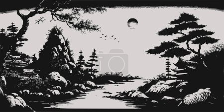 Illustration for VIntage retro engraving style  Japan Asian juji mountain with trees nature wild landscape. Background outdoor adventure vibe. Graphic Art Vector Illustration. - Royalty Free Image