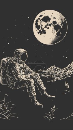 Illustration for Retro Vintage Engraving Woodcut Linocut style space astonaut sitting on a moon surface. Lonely adventure explore future vibe. Can be used for decoration or graphic design. Graphic Art Vector - Royalty Free Image