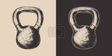 Illustration for Set of vintage retro fit gym weight kettlenells.. Can be used for emblem, logo, badge, label. mark, poster or print. Monochrome Graphic Art. Vector. Hand drawn element in engraving - Royalty Free Image