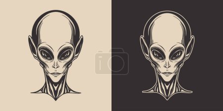 Illustration for Vintage retro cartoon comics alien ufo creature humanoid person character spooky funny face portrait. Graphic Art in engraving woodcut style. - Royalty Free Image