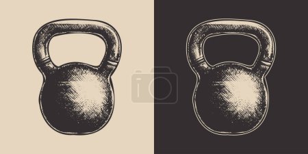 Illustration for Set of vintage retro fit gym weight kettlenells.. Can be used for emblem, logo, badge, label. mark, poster or print. Monochrome Graphic Art. Vector. Hand drawn element - Royalty Free Image