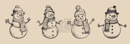Illustration for Set of vintage retro snowman snowflakes character with hat and carrot and scarf. Merry christmas xmas new year holiday halloween poster. Graphic Art. Engraving vector style. - Royalty Free Image