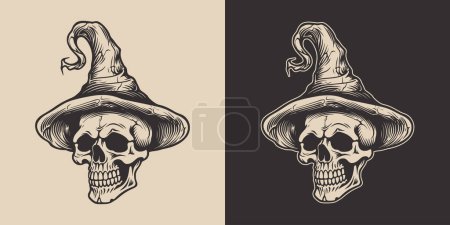 Illustration for Vintage retro Halloween witch skull wisard in hat. Monochrome Graphic Art. Vector. Hand drawn element in engraving - Royalty Free Image
