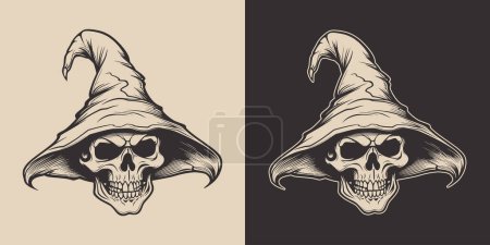 Illustration for Vintage retro Halloween witch skull wisard in hat. Monochrome Graphic Art. Vector. Hand drawn element in engraving - Royalty Free Image