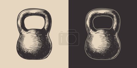 Illustration for Set of vintage retro fit gym weight kettlenells.. Can be used for emblem, logo, badge, label. mark, poster or print. Monochrome Graphic Art. Vector. Hand drawn element in engraving - Royalty Free Image