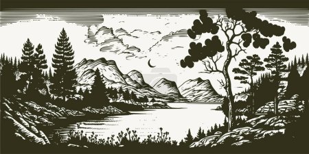 VIntage retro grabado estilo escandinavo aventura paisaje escena al aire libre. Viaje de vacaciones vikingo explorar ambiente. Arte gráfico Vector Ilustración.