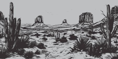 Illustration for Vintage retro old engraving sketch draw paint of nature outdoor american mexican desert western wild west landscape - Royalty Free Image