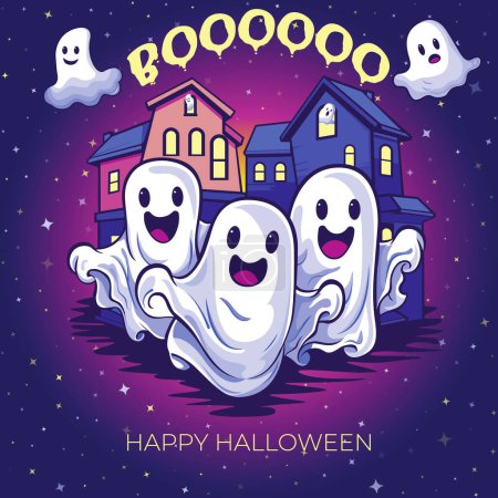 Illustration for Halloween ghost. Happy halloween party card  cute spirit. Scary flying ghosts. Funny spirit. Web poster, flyer, holiday banner. Happy Halloween background. Ghost face, specter, bogey, specter, phantasma, revenant, wraith, vision, shadow, shade, soul - Royalty Free Image