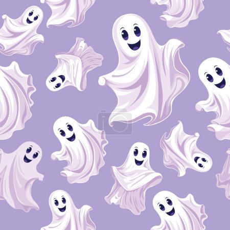 Illustration for Halloween Ghost Pattern in a Seamless Repeat on lilac background. Happy Halloween wrapping paper patern with spooky flying spirit. Cute Halloween seamless pattern with ghosts, boo, spider web on blue background, editable illustration, flat design - Royalty Free Image