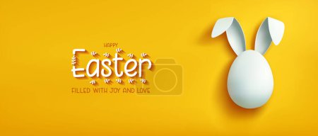 Festive Easter horizontal greeting card with white egg and banny ears on a yellow background. Happy Easter flyer, banner, header for website. Paschal poster. Trendy Easter design. Spring holiday