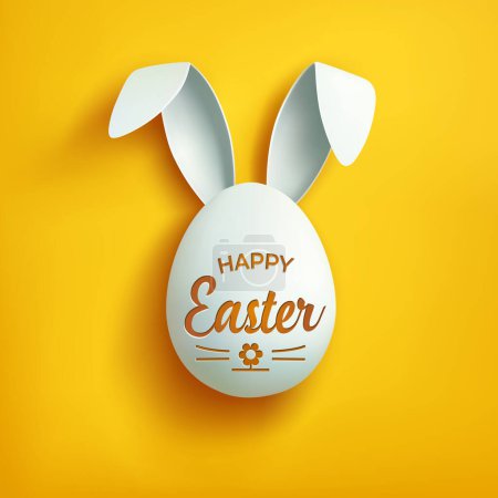 Happy Easter greeting card isolated on a yellow background with white egg with bunny ears. Paschal white egg with rabbit ears. Funny rabbit. Holy Happy Holidays. Easter Egg Hunt cover. Easter egg hunt