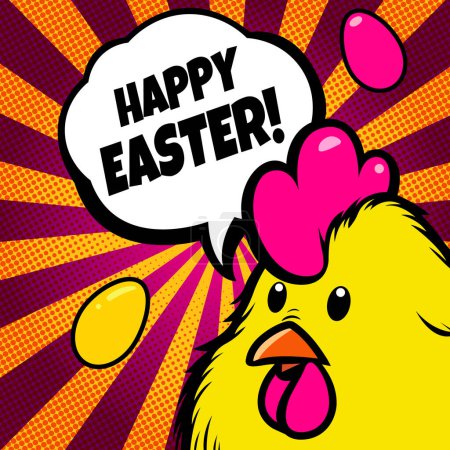 Happy Easter greeting card in pop art style with cock. Festive Easter poster, with a picture of a yellow rooster. Comics style. Trendy Easter design with yellow chicken, egg and text cloud on banner