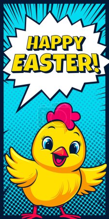 Happy Easter greeting card with cute chicken, chickling, chick in pop art style. Festive Easter banner with poult in comics style. Paschal holiday flyer comic book phrase and text in starbursts. chick
