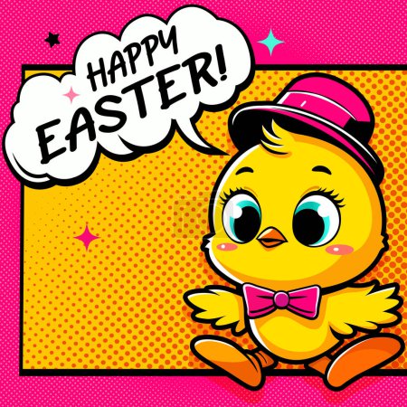 Happy Easter greeting card, flyer in pop art style with chick. Festive Easter vector poster in comics style. Trendy Easter design with yellow cute chicken. White comic bubble with Happy Easter word