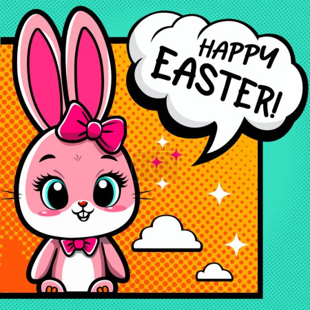 Happy Easter greeting card, flyer, banner in pop art style with cute banny. Festive Easter vector poster in comics style with funny rabbit. Trendy Easter design. Comic bubble with Happy Easter word