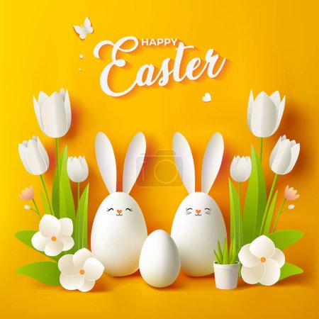 Festive Easter greeting card, banner, flyer with white eggs and banny ears and flowers isolated on a yellow background. Trendy Easter design with text Happy Easter. Holy Week. Paschal holiday poster