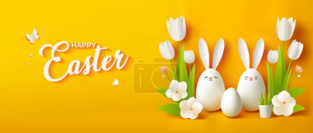 Festive Easter horizontal banner, greeting card, flyer, header for website banner, with white eggs and banny ears and flowers isolated on a yellow background. Design with text Happy Easter. Paschal