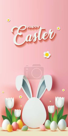 Festive Easter vertical flyer, greeting card, banner with multi-colored easter eggs and banny ears and flowers. Easter vector poster. Trendy Easter design with text Happy Easter. Paschal greeting card