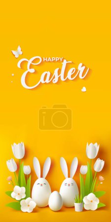 Happy Easter vertical greeting card with white eggs and banny ears and flowers isolated on a yellow background. Festive Easter poster. Trendy Easter design with text Happy Easter. Paschal holiday