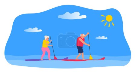 Foto de Senior hombre y mujer remando en el tablero de paddle en el agua vacaciones de verano vector ilustración - Imagen libre de derechos