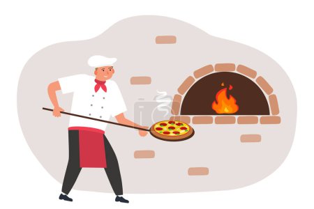 Téléchargez les illustrations : Chef cuisinier cuisine pizza traditionnelle dans un four en pierre avec illustration vectorielle feu - en licence libre de droit