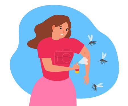 Foto de Mujer usando repelente de mosquitos pulverización en la piel protección vector ilustración - Imagen libre de derechos