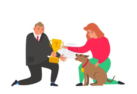 Foto de Hombre da copa trofeo copa a las mujeres y su perro vector ilustración - Imagen libre de derechos