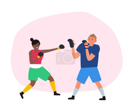 Foto de Africano americano mujer entrenamiento de boxeo ejercicio con hombre entrenador vector ilustración - Imagen libre de derechos