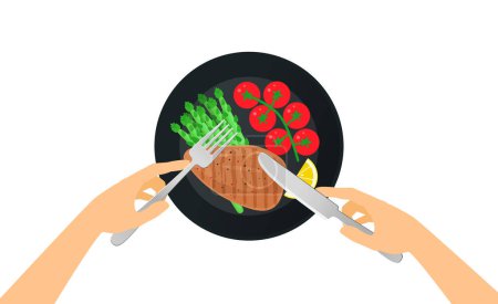 Foto de Manos sosteniendo tenedor y cuchillo a la parrilla pechuga de pollo espárragos tomates cherry rama en placa vista superior vector ilustración - Imagen libre de derechos