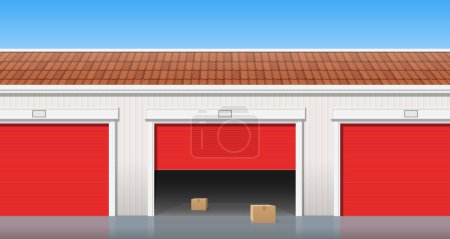 Foto de Unidades de almacenamiento de garaje con rodillo puertas abiertas cajas de cartón vector ilustración - Imagen libre de derechos