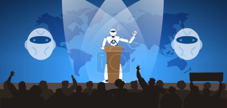 Roboter-Humanoide sprechen auf dem Podium öffentliche Konferenz Treffen mit Menschen Publikumsvektorillustration 