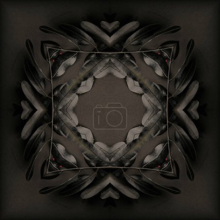Photo for Black square fractal, Mandala from black herbarium leaves on a black background. Monochrome mosaic for graphic design. - Royalty Free Image