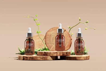 Photo for Cosmetic dropper bottle mockup on round wooden slats. Decorate with small plants. Minimal mockup scene for cosmetic presentation. 3D rendering and clipping path each element. - Royalty Free Image