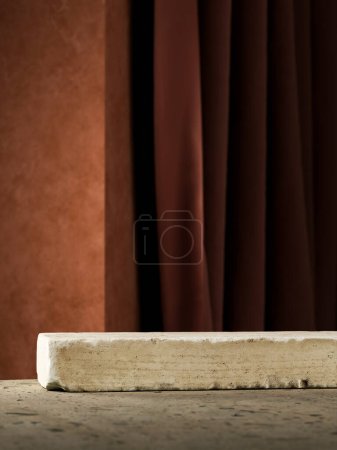 Foto de Una losa de piedra descansa sobre un piso de cemento. Fondo de cemento marrón y cortinas oscuras. Fondo para la presentación del producto. Ilustración 3D - Imagen libre de derechos