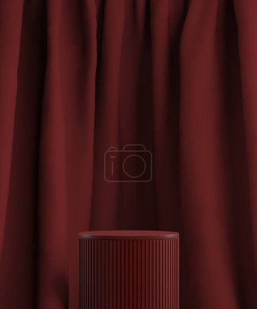 Photo for Red cylindrical platform on red velvet curtain background. Abstract background for product presentation. 3D rendering - Royalty Free Image