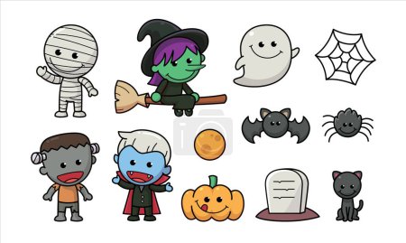 Téléchargez les photos : Monster kids in spooky scary Halloween theme style including pumpkin, cat, bat, spider web, tomb, moon, ghost, mummy, witch, vampire, and Frankenstein, Halloween costumes. - en image libre de droit