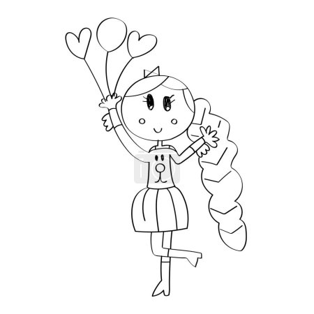 Photo for Cute cartoon character. Girl smiling and holding balloons drawing in doodle line art style. Cute little girl with balloons. Illustration for coloring book. - Royalty Free Image