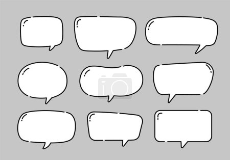 Una fila de burbujas de habla con un fondo blanco. Mensaje burbujas de comunicación en estilo lindo garabato sobre fondo blanco. Burbuja de voz, burbuja de texto, globo de chat, globo de chat o globo de chat.