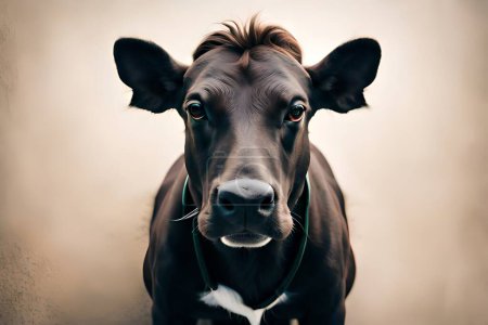 Foto de Retrato de una vaca negra sobre un fondo marrón. Primer plano. - Imagen libre de derechos
