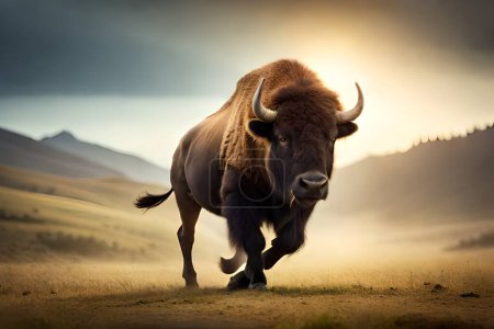 Foto de Bisonte caminando en la carretera al atardecer, bisonte bonasus - Imagen libre de derechos