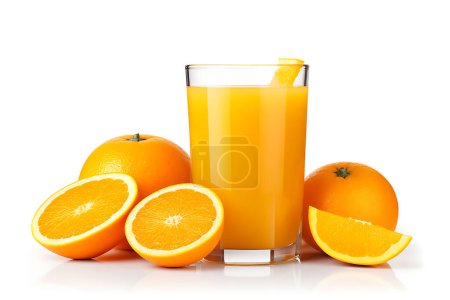 Foto de Vaso de sabroso jugo de mandarina y fruta fresca aislado en blanco - Imagen libre de derechos