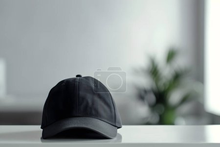 Schwarze Mütze auf dem Tisch im Büro, Nahaufnahme. Raum für Text