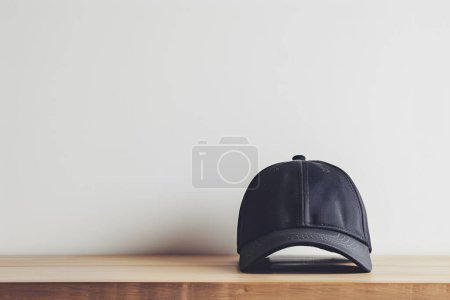 Black baseball cap on wooden table and white wall background, st