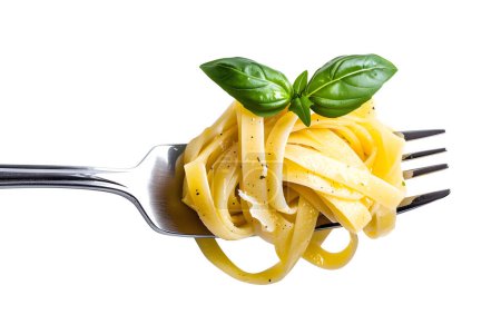 Spaghetti with pesto sauce on a fork isolated on white backgroun