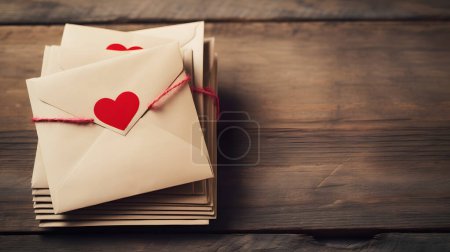 Envelopes with hearts on wooden background. Valentines day conce